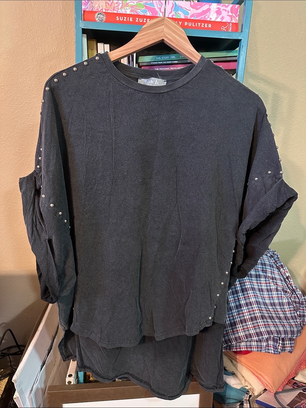 Blue B Women's Washed Black Studded Oversized Lightweight Sweatshirt